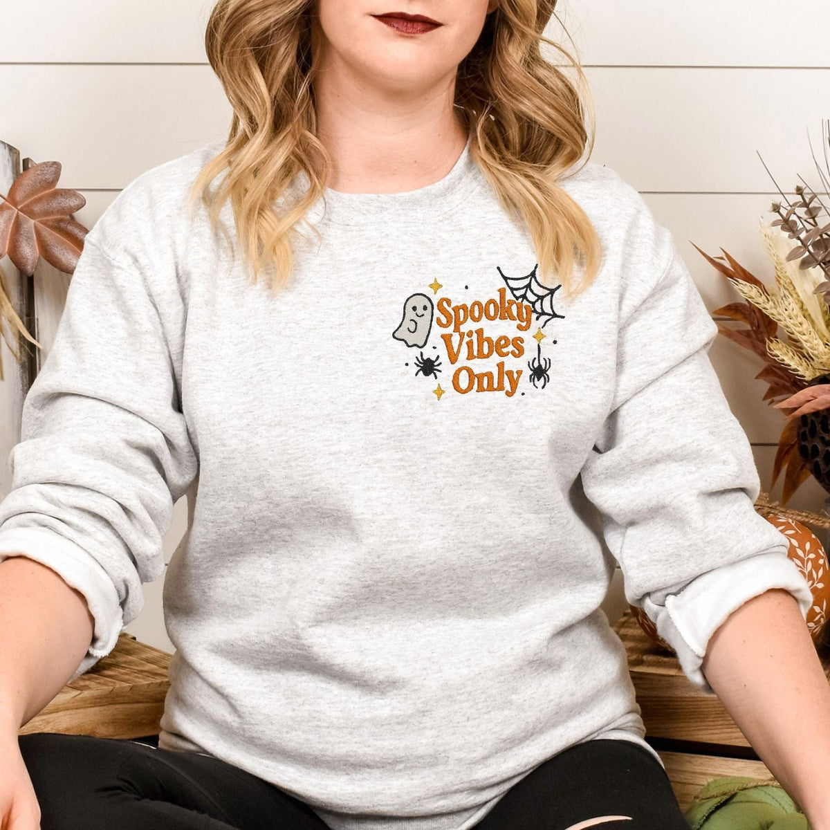 Ash embroidered ghost crewneck with orange Spooky Vibes Only lettering