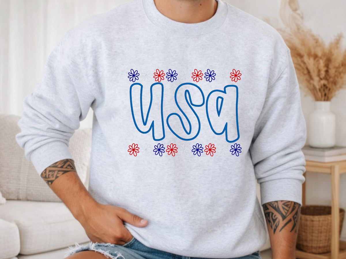 Ash Gildan USA embroidered crewneck with patriotic daisy borders