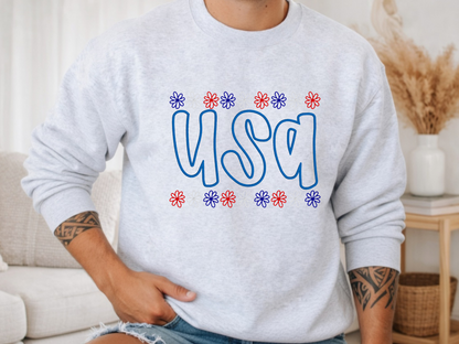 Ash Gildan USA embroidered crewneck with patriotic daisy borders