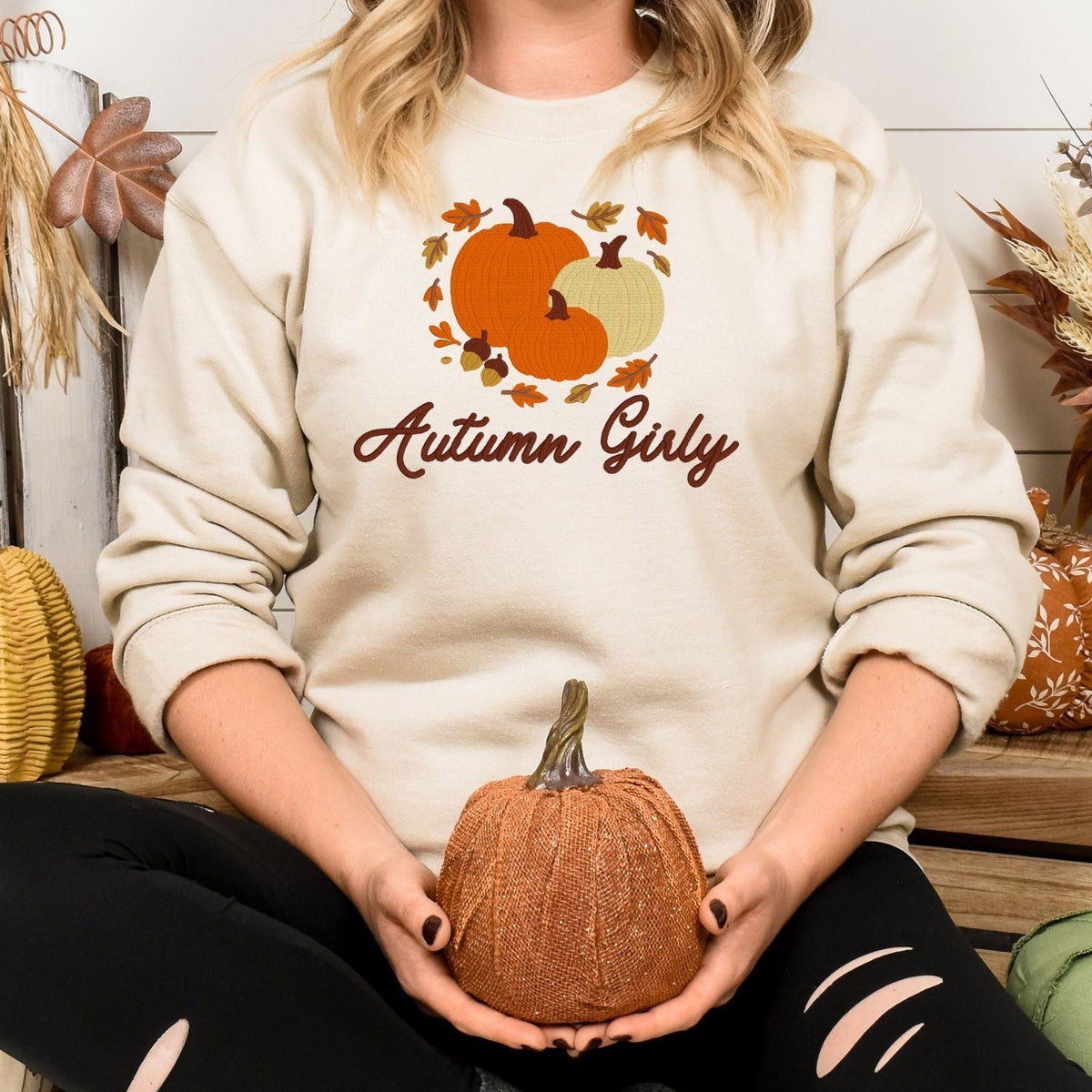 Sand Autumn Girly embroidered pumpkin sweatshirt in a fall lifestyle scene