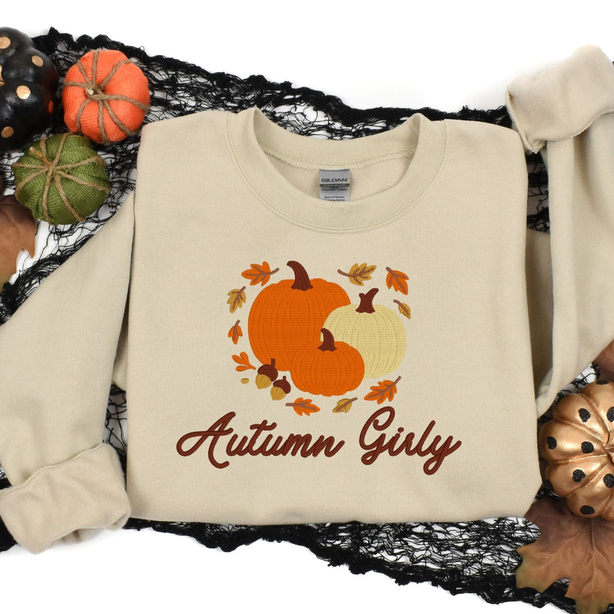 Sand embroidered Autumn Girly sweatshirt with pumpkins and fall leaves