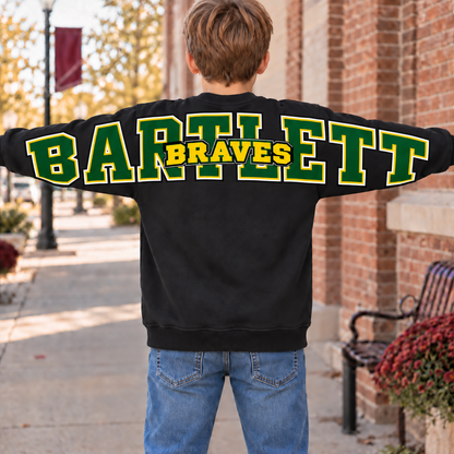 Bartlett Braves youth crewneck sweatshirt in black, back sleeve lettering mockup