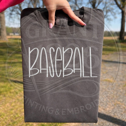 Personalized embroidered baseball shirt on gray Comfort Colors tee
