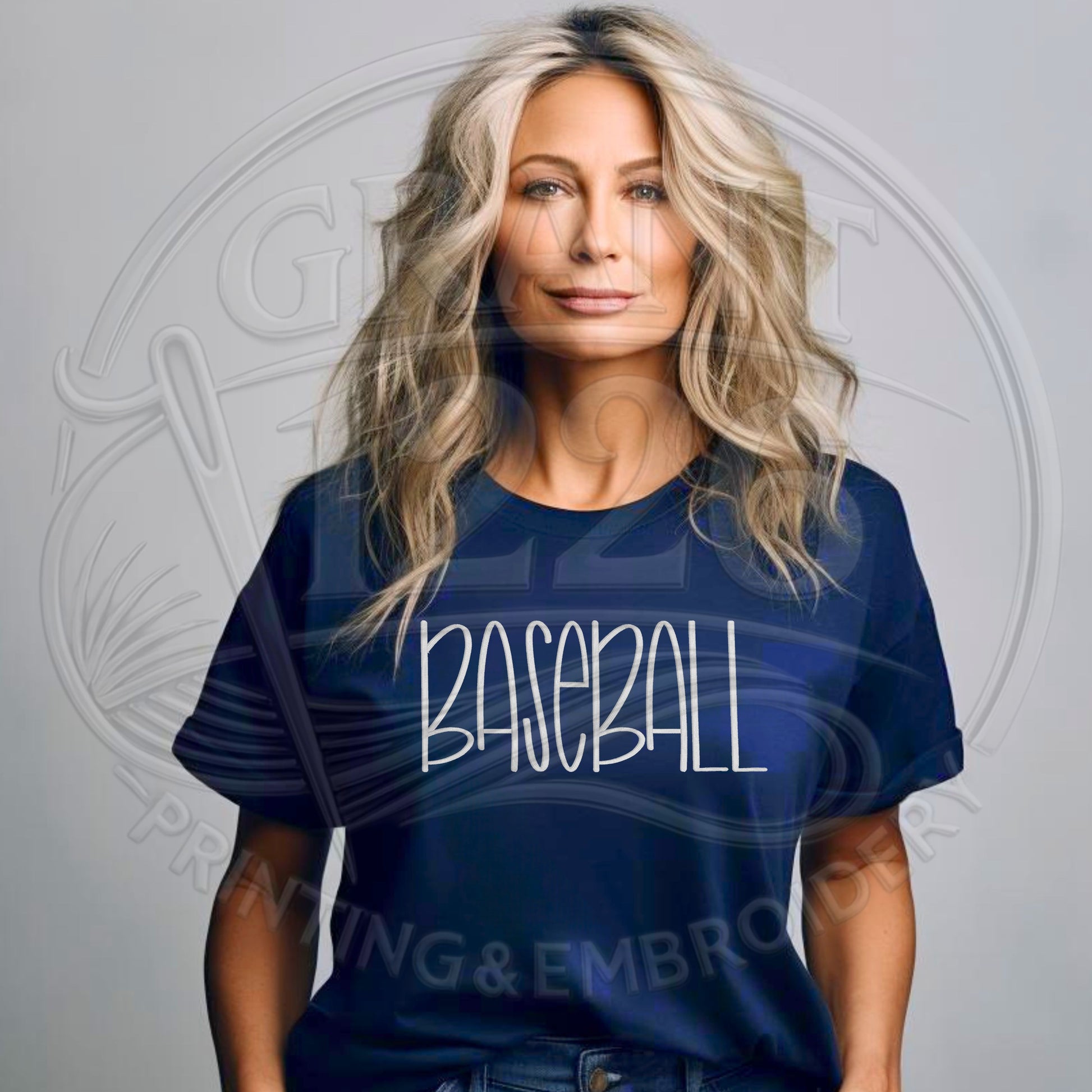 Custom name baseball shirt embroidered on navy blue womens tee