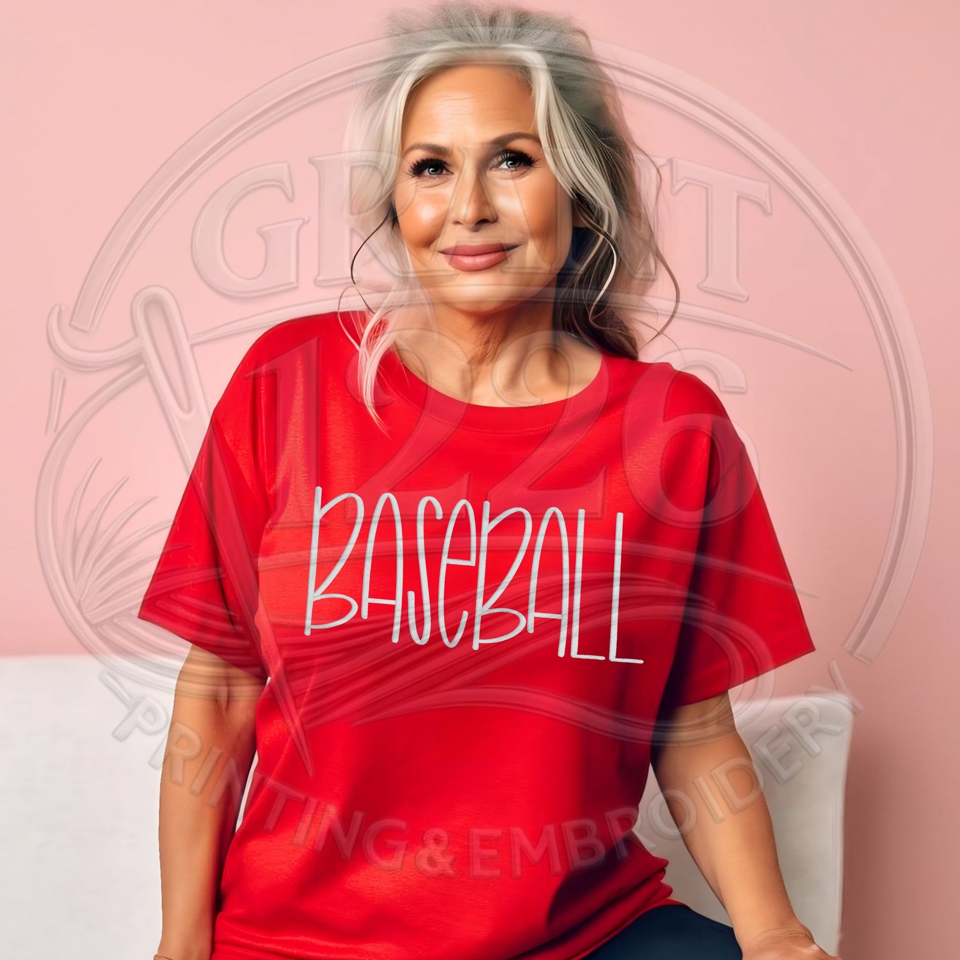 Red personalized baseball shirt with minimalist embroidery design