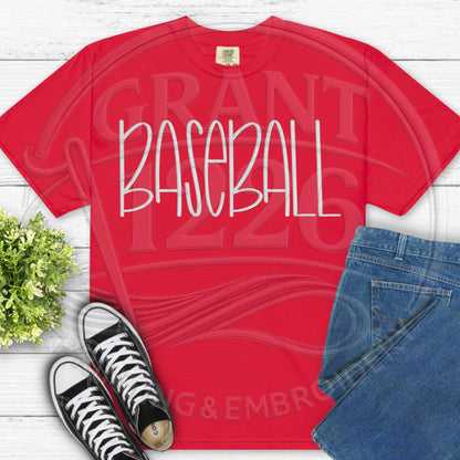 Red custom embroidered baseball shirt flat lay product photo