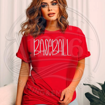 Womens red personalized baseball tee with custom embroidery