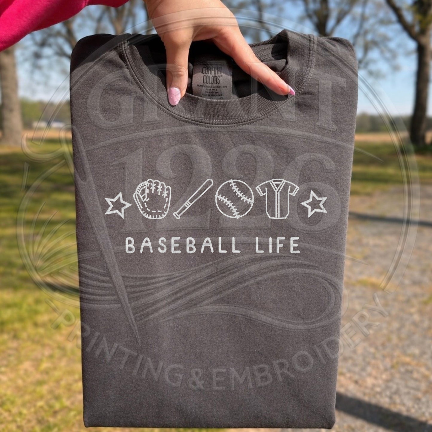 Gray baseball life embroidered shirt folded flat product photo