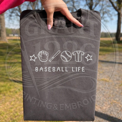 Gray baseball life embroidered shirt folded flat product photo