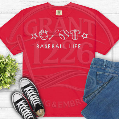 Red embroidered baseball life shirt flat lay game day outfit