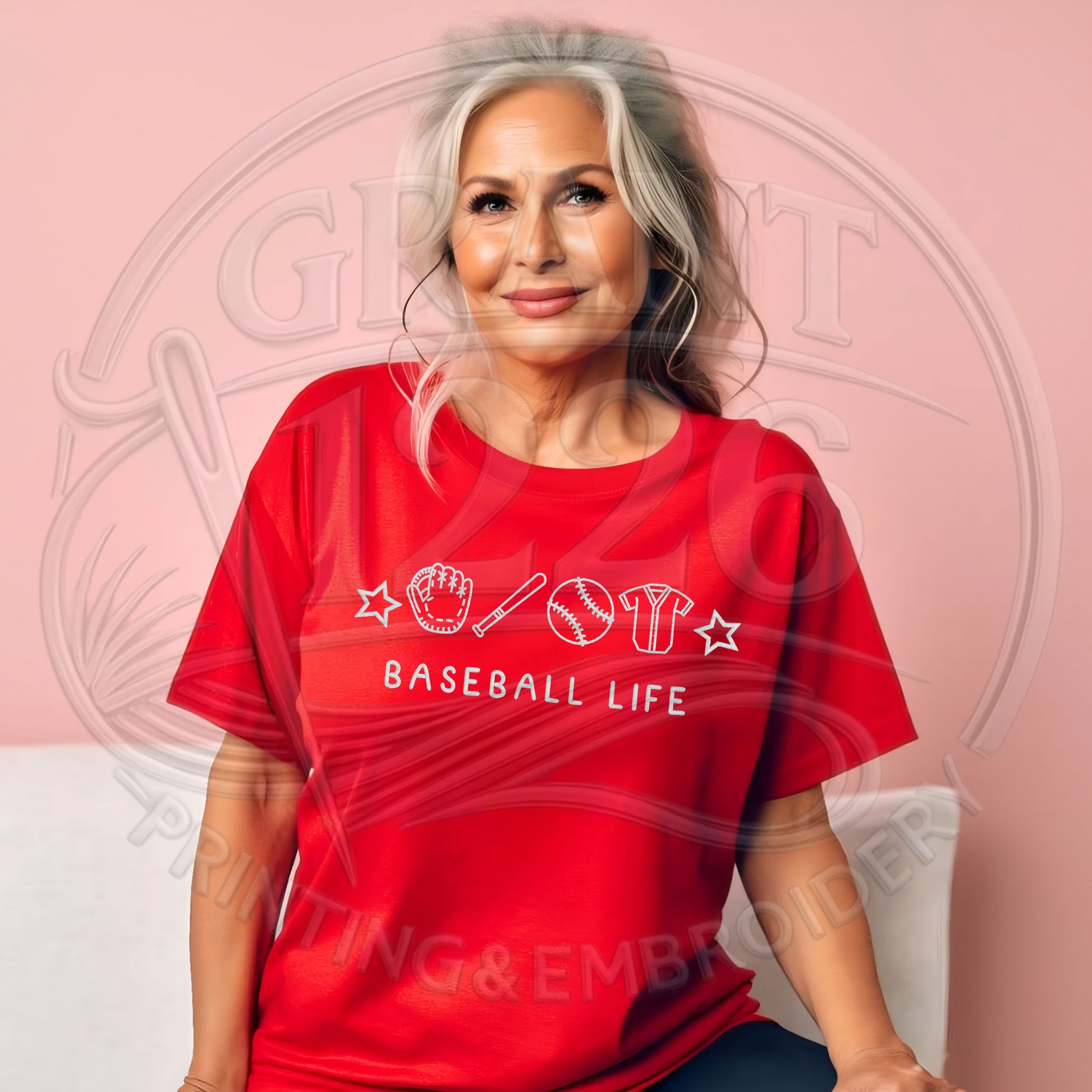 Womens red baseball life shirt with embroidered baseball design