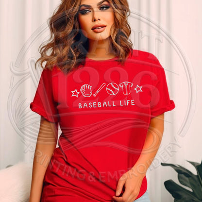 Red baseball fan shirt with embroidered baseball life graphic