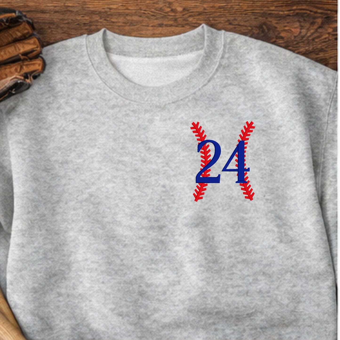 Custom embroidered baseball player number sweatshirt in ash grey Gildan heavyweight crewneck
