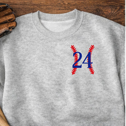 Custom embroidered baseball player number sweatshirt in ash grey Gildan heavyweight crewneck