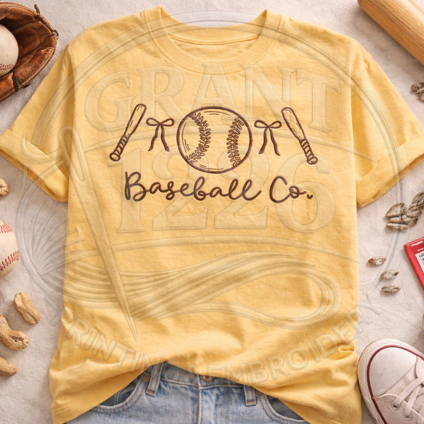Yellow embroidered baseball graphic tee with bats and baseball embroidery