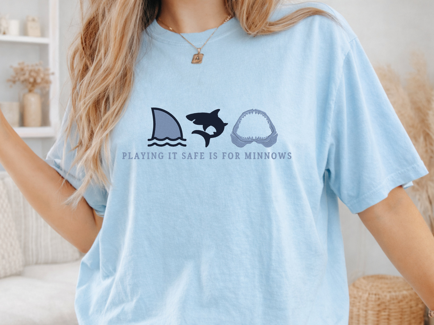 Light blue t-shirt with embroidered shark design 