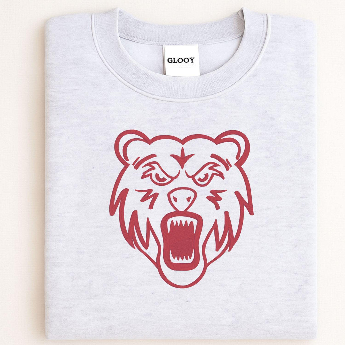 Sport gray bear mascot embroidered crewneck folded for a front view
