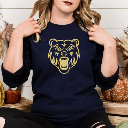 Navy sweatshirt with full-front gold bear mascot embroidery modeled indoors