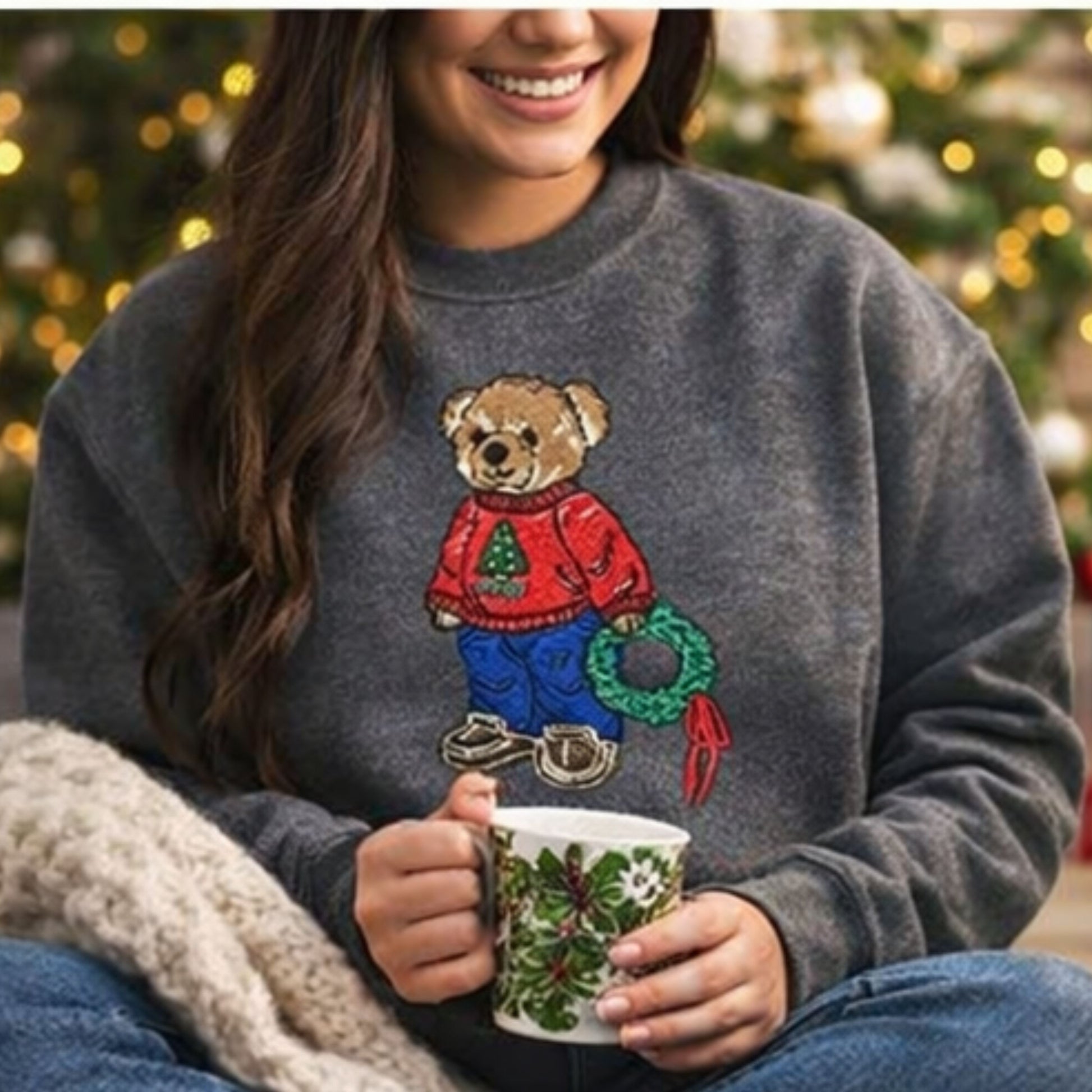 Beary Christmas embroidered sweatshirt on Comfort Colors Pepper crewneck