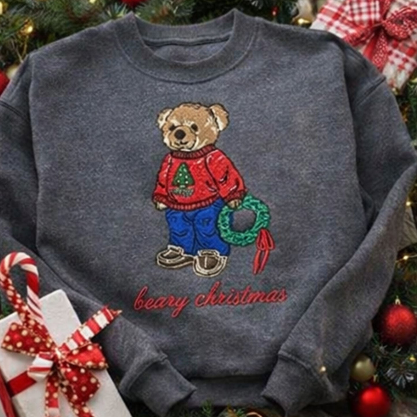 Close-up of Beary Christmas embroidery on Pepper garment-dyed sweatshirt