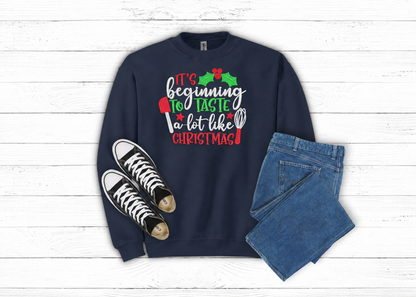Navy Beginning to Taste Like Christmas embroidered sweatshirt flat lay