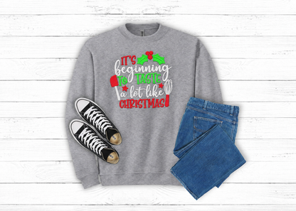 Sport Grey Beginning to Taste Like Christmas embroidered sweatshirt flat lay