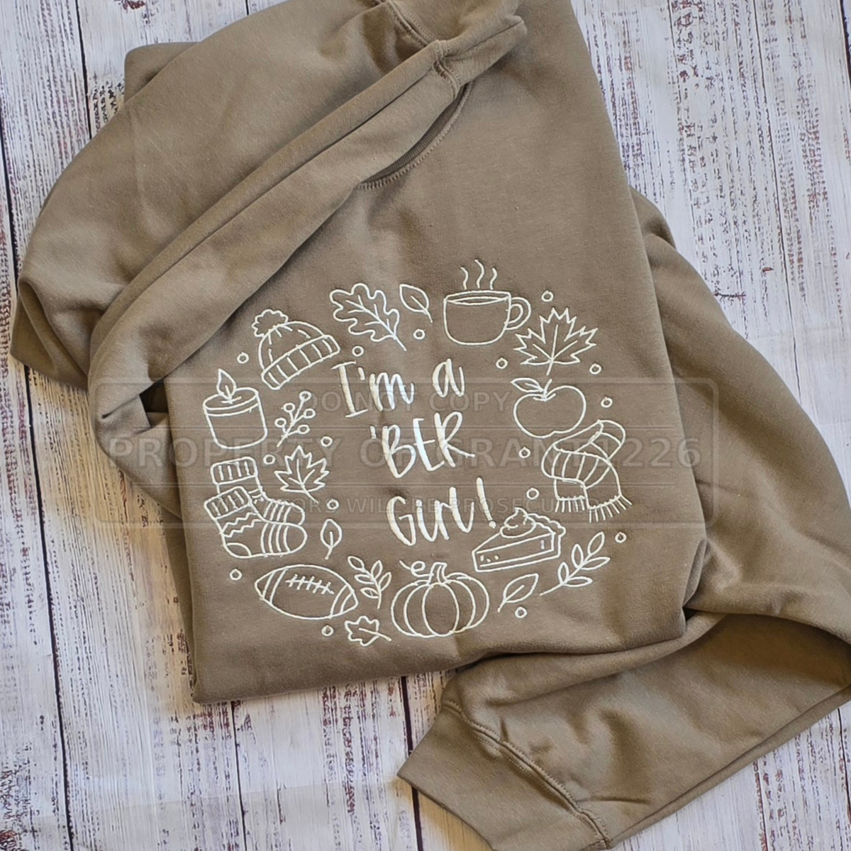 I’m a BER Girl embroidered fall crewneck with pumpkin, football, mug and autumn icons