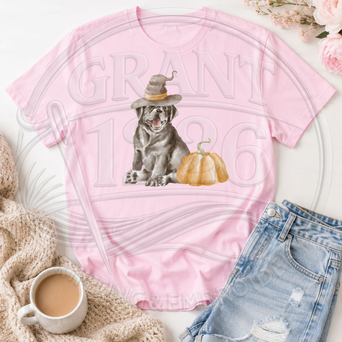 Blossom Comfort Colors short sleeve Halloween dog shirt flat lay with witch hat dog and pumpkin
