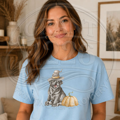 Chambray Comfort Colors short sleeve shirt with a black dog in a witch hat beside a pumpkin