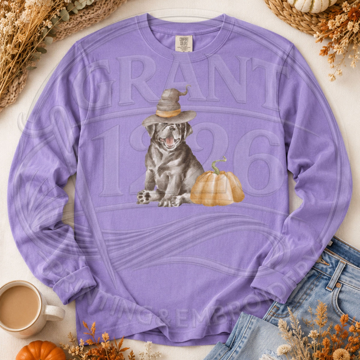 Violet Comfort Colors long sleeve Halloween dog shirt flat lay with witch hat dog and pumpkin