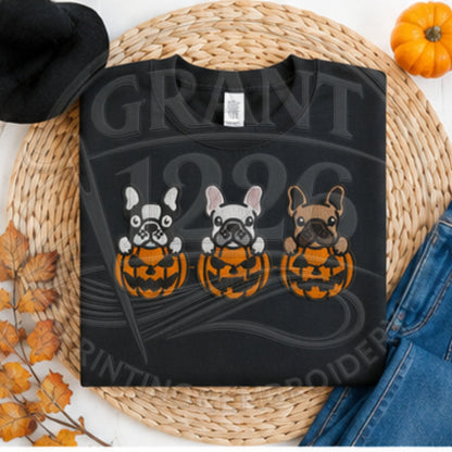 Black embroidered French bulldog pumpkin sweatshirt flat lay
