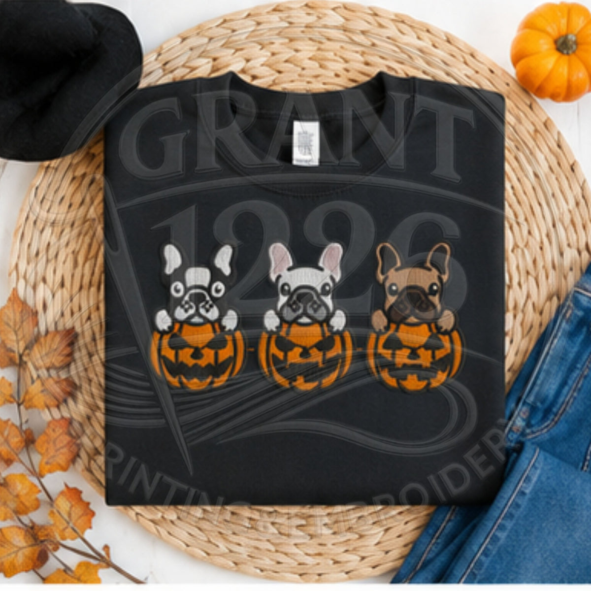 Black youth Frenchie pumpkin embroidered Halloween crewneck sweatshirt