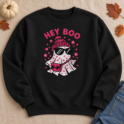 Black crewneck sweatshirt flat lay with pink and white fashion ghost embroidery