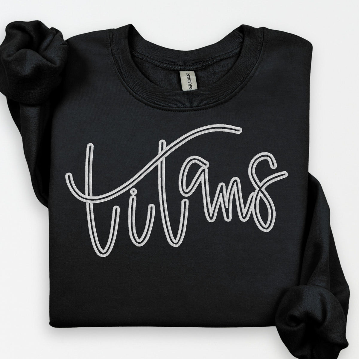 Black Titans puff embroidered sweatshirt with light script lettering on Gildan crewneck