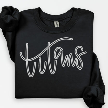 Black Titans puff embroidered sweatshirt with light script lettering on Gildan crewneck