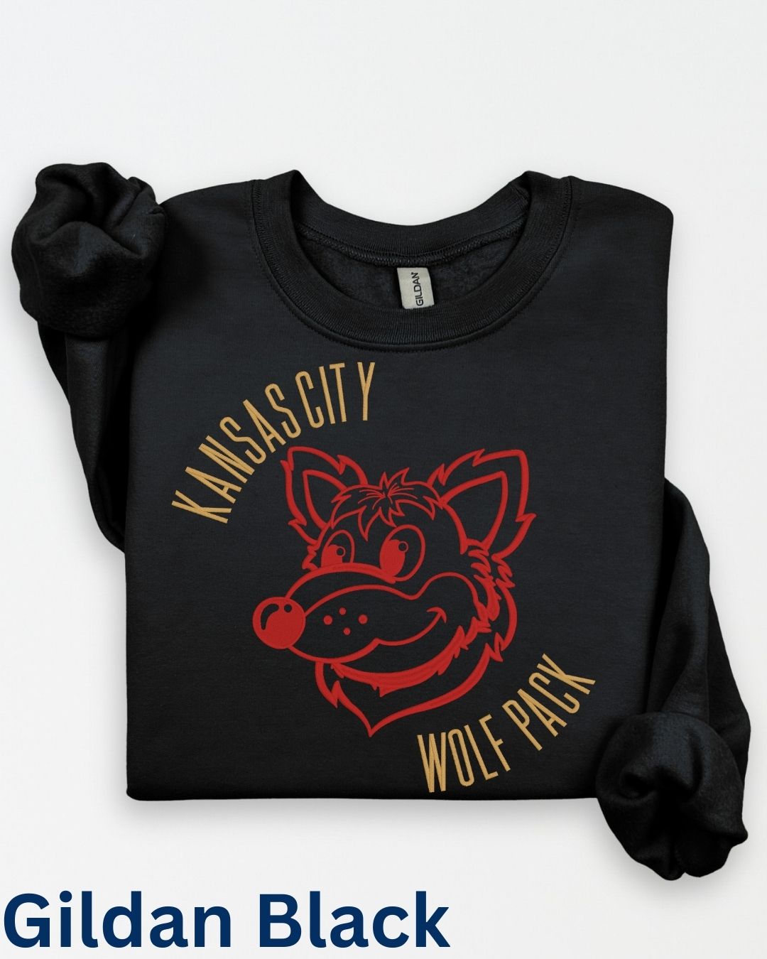 Black Kansas City Wolf Pack embroidered football sweatshirt with vintage wolf mascot design