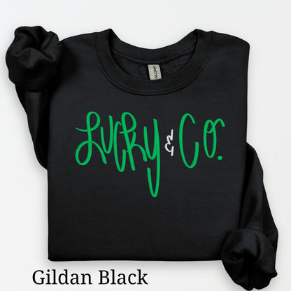 black St. Patrick’s Day crewneck with embroidered shamrock design