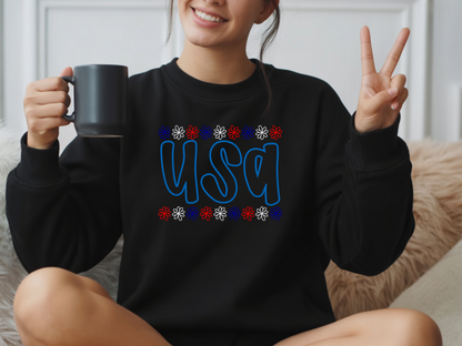Black Gildan USA puff-embroidery sweatshirt with patriotic daisy borders on model