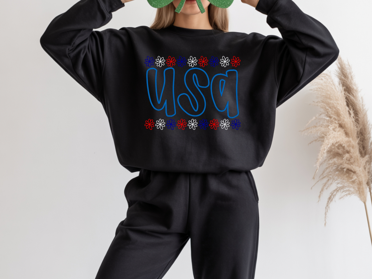 Black Gildan USA embroidered crewneck styled with denim