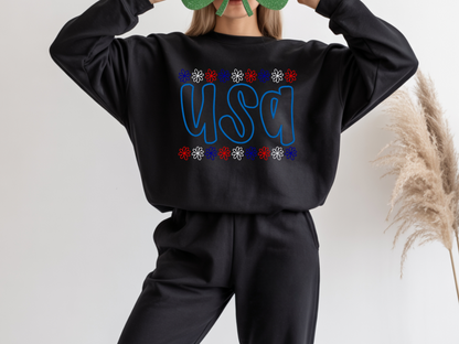 Black Gildan USA embroidered crewneck styled with denim