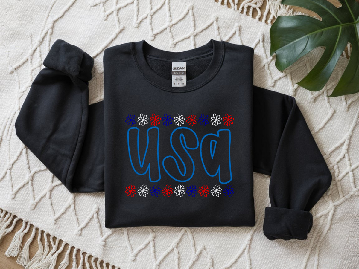 Black Gildan USA puff-embroidery crewneck sweatshirt flat lay