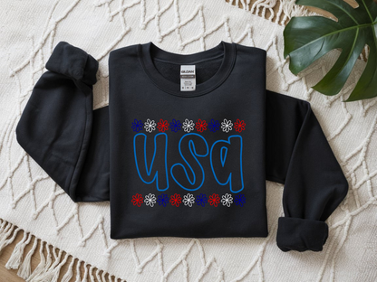 Black Gildan USA puff-embroidery crewneck sweatshirt flat lay