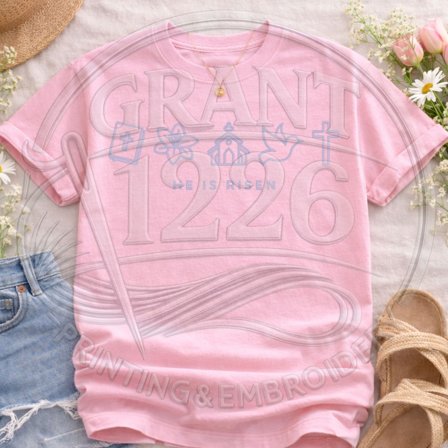 Pastel pink Christian Easter shirt with He Is Risen graphic featuring Bible, church, dove and cross icons