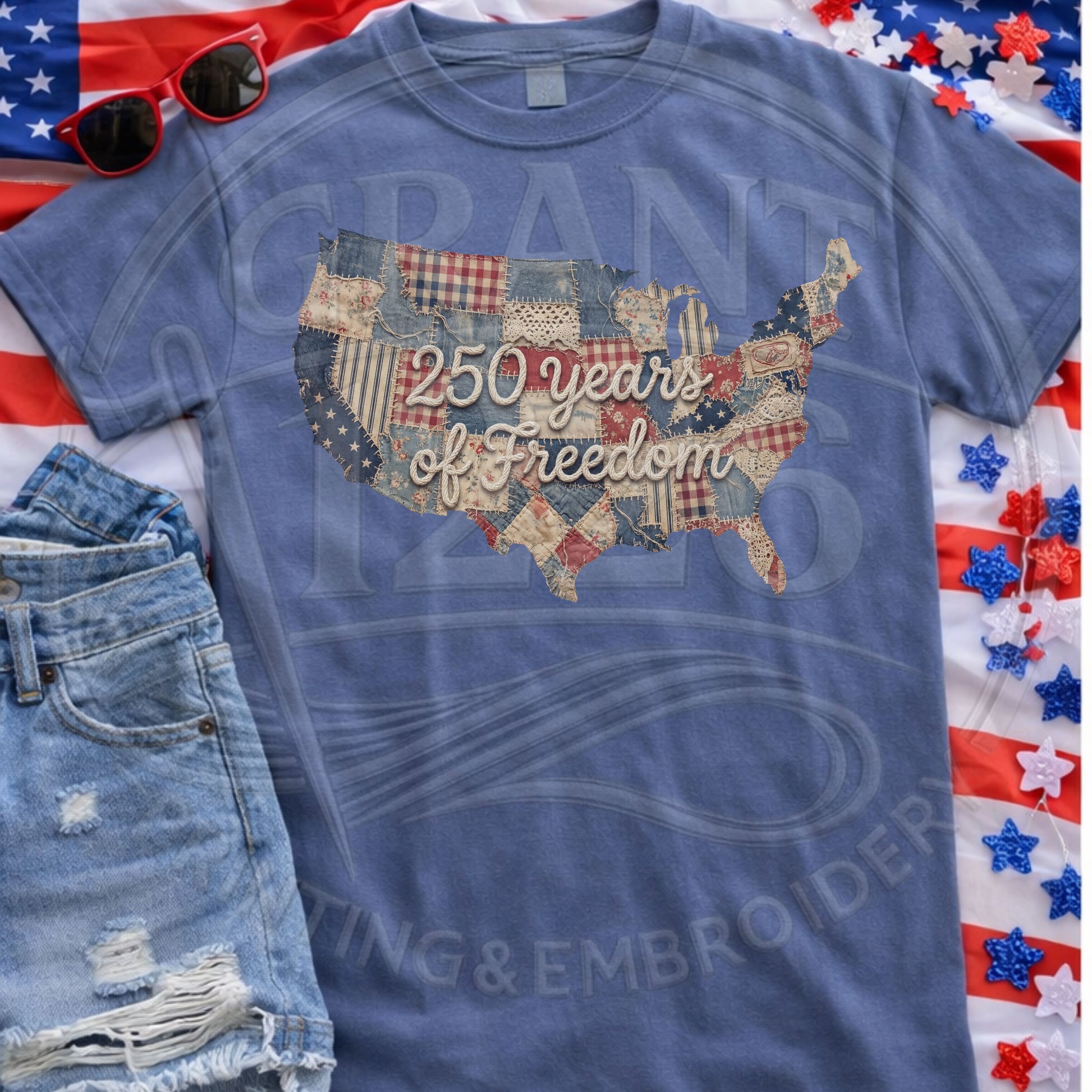 Blue vintage patriotic t-shirt with retro USA patchwork graphic