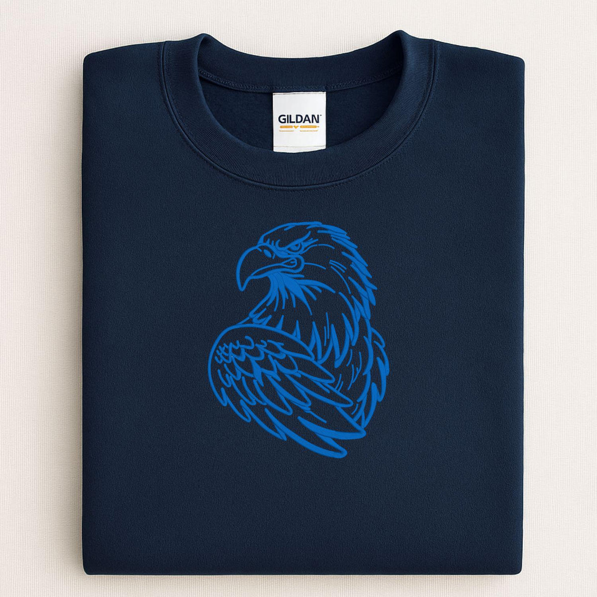Navy eagle mascot embroidered sweatshirt folded for a front view