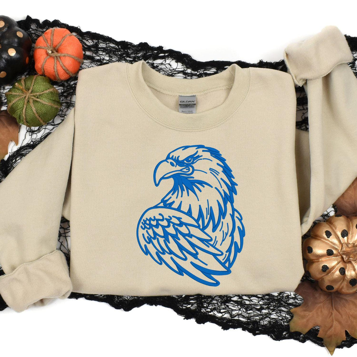 Sand eagle mascot sweatshirt styled with fall pumpkins and black lace