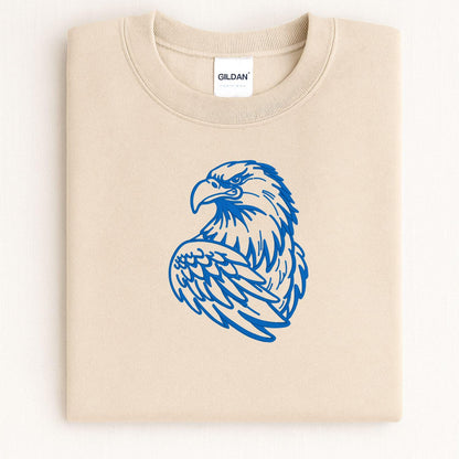 Sand eagle mascot embroidered crewneck folded on a light background
