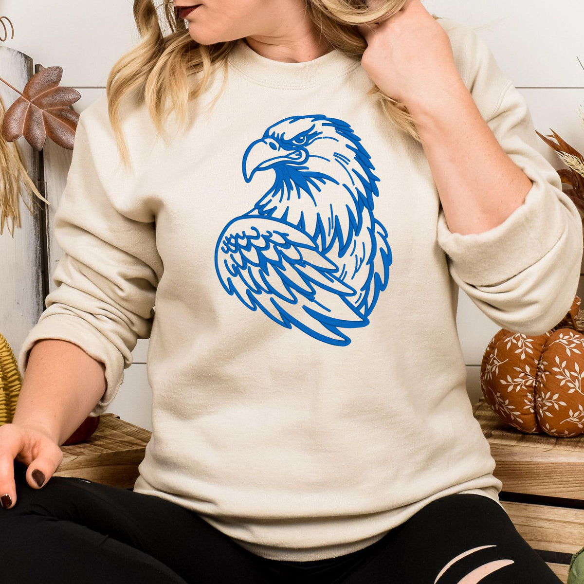 Sand sweatshirt with blue eagle mascot embroidery modeled indoors