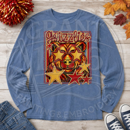 Blue Labette County Grizzlies Comfort Colors long sleeve shirt with retro bear mascot and red gold stars