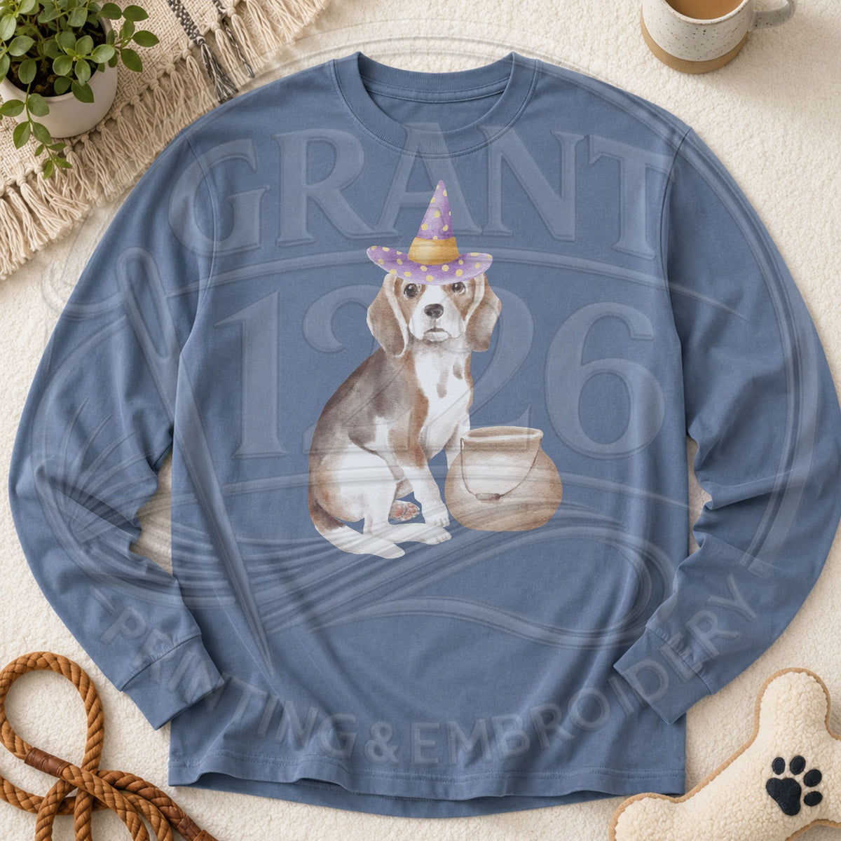 Blue Jean beagle witch Halloween long sleeve shirt flat lay